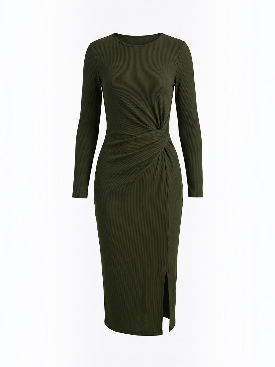 Danna Ribbed Knot Wrap Midi Dress with Slit