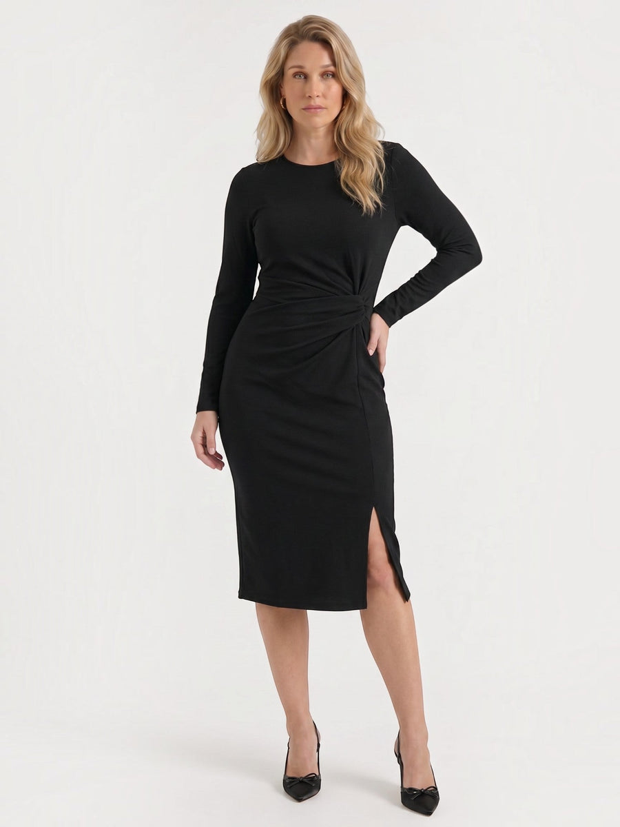 Danna Ribbed Knot Wrap Midi Dress with Slit
