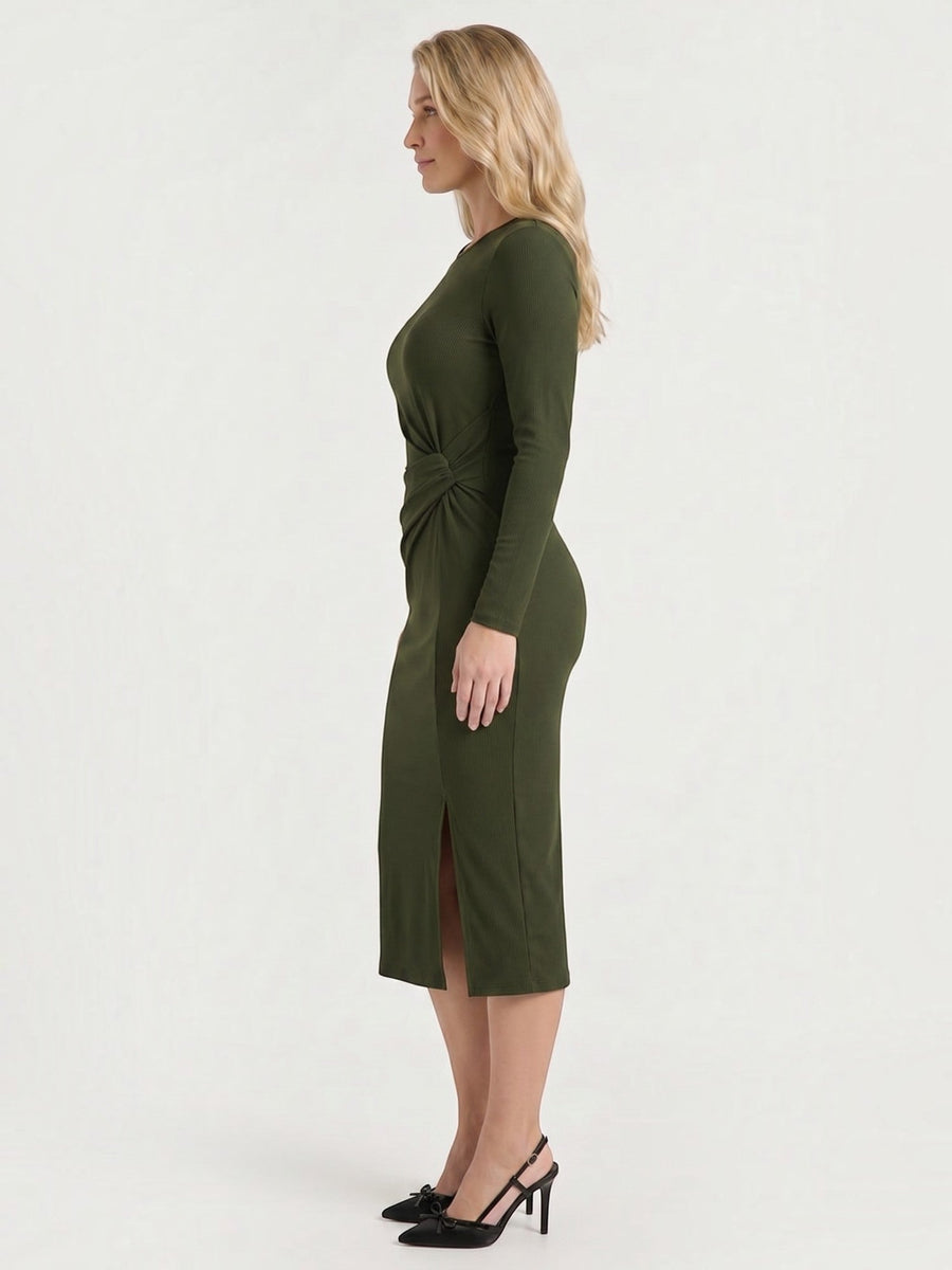Danna Ribbed Knot Wrap Midi Dress with Slit