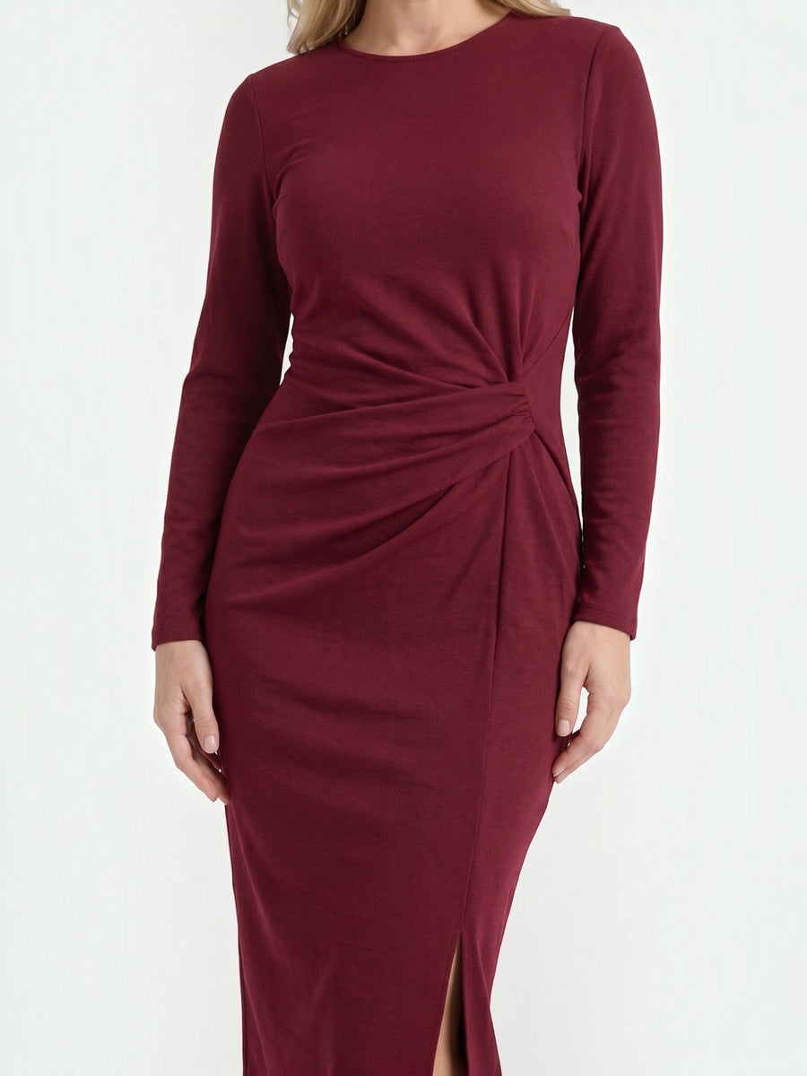 Danna Ribbed Knot Wrap Midi Dress with Slit