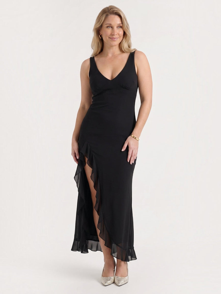 Leslie V Neck High Low Ruffle Midi Dress