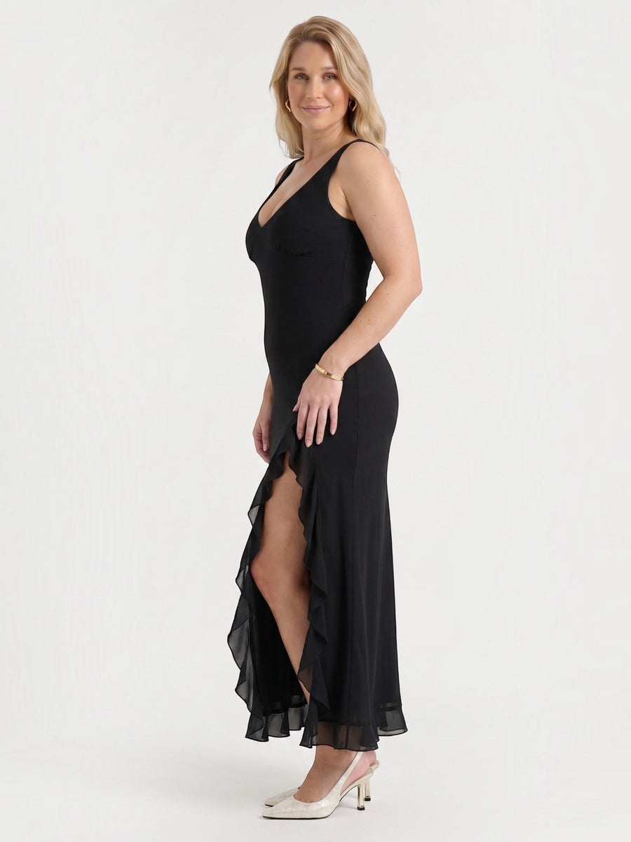 Leslie V Neck High Low Ruffle Midi Dress