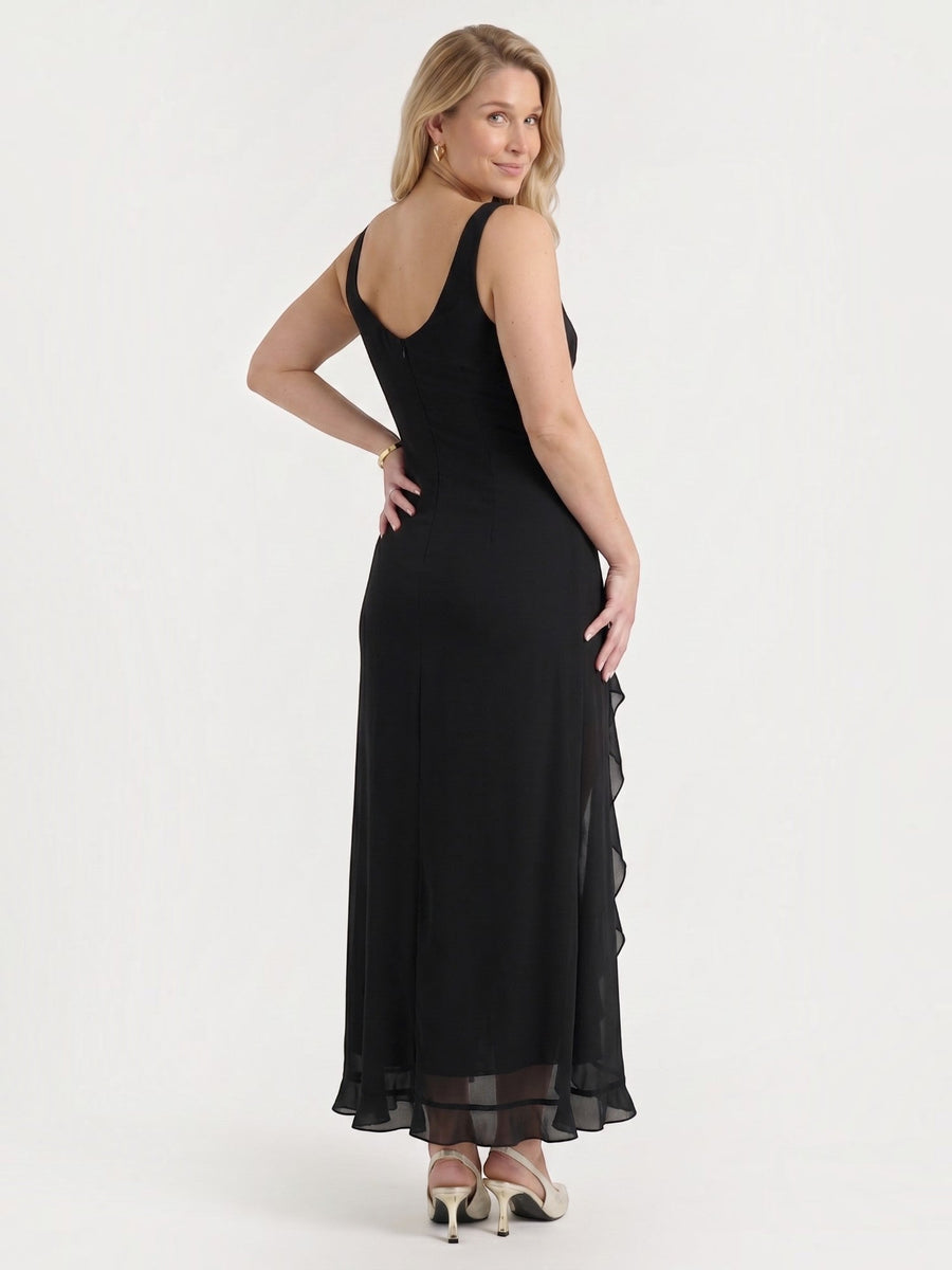 Leslie V Neck High Low Ruffle Midi Dress