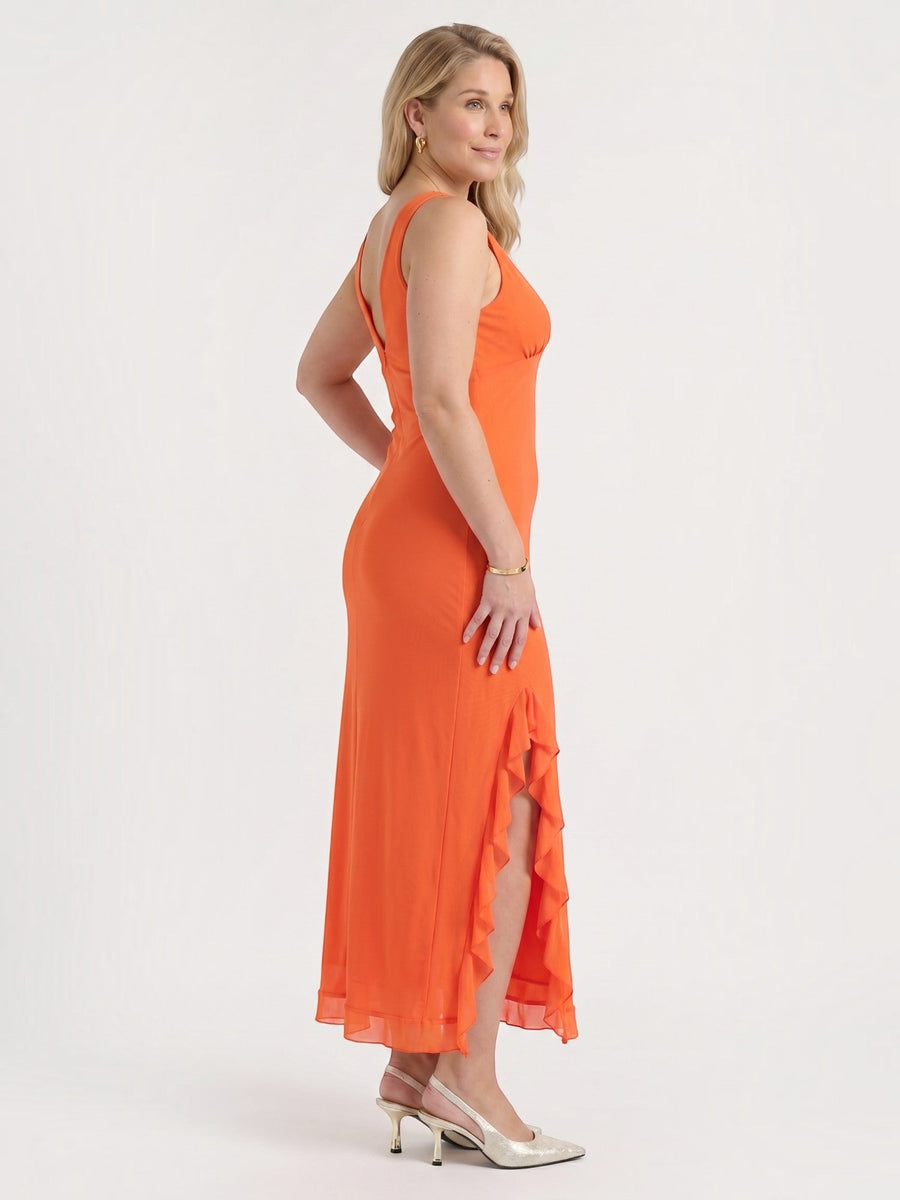 Leslie V Neck High Low Ruffle Midi Dress