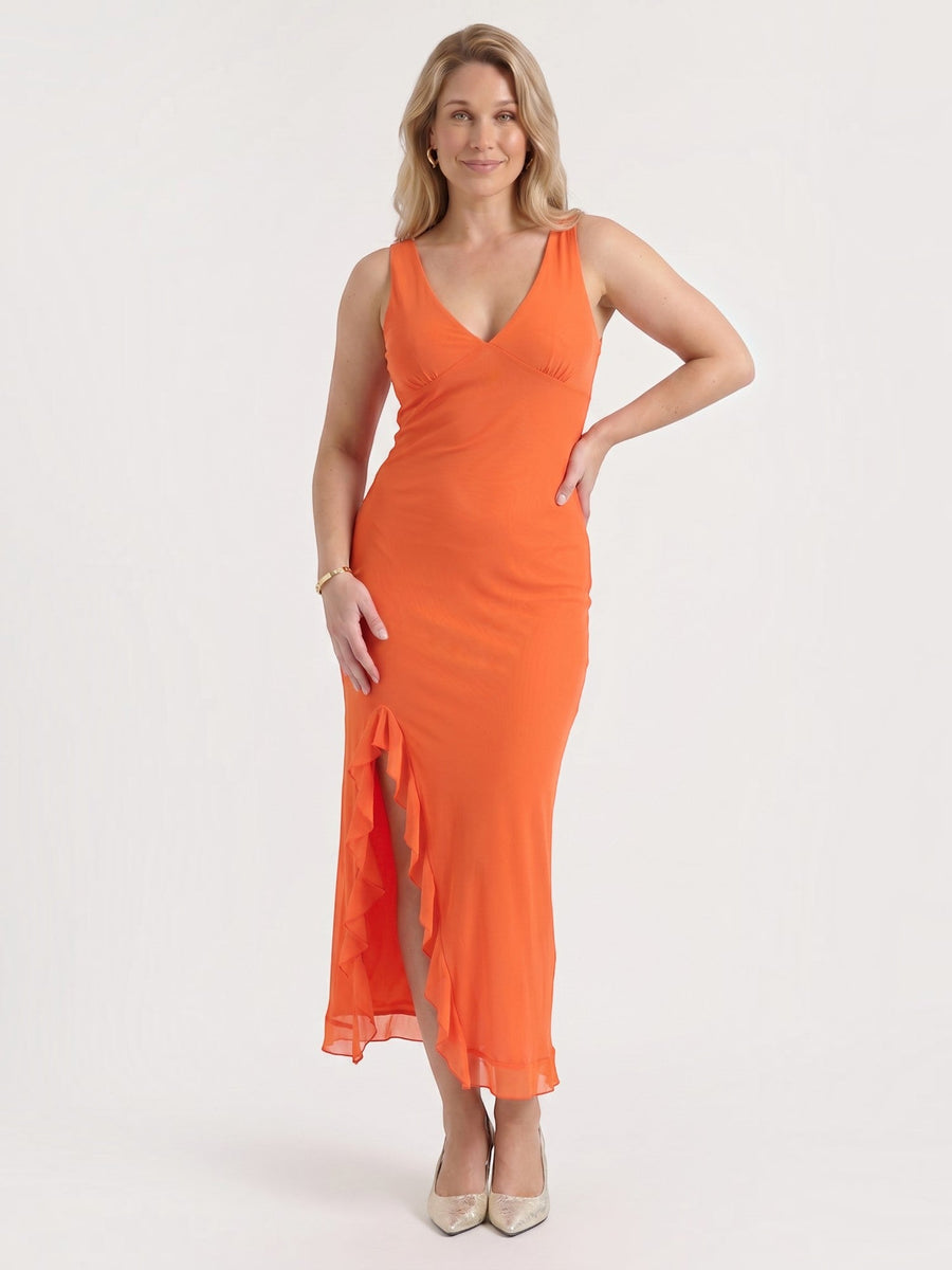 Leslie V Neck High Low Ruffle Midi Dress