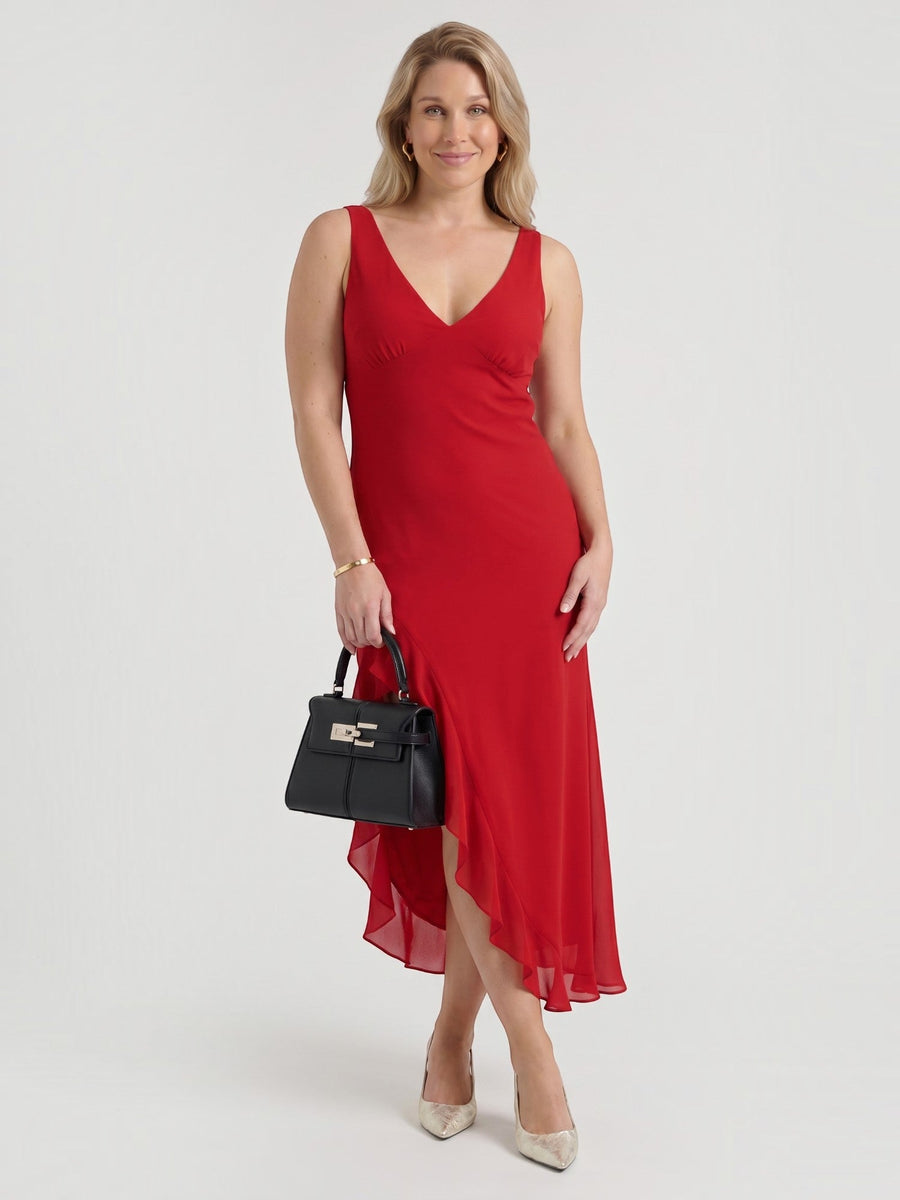 Leslie V Neck High Low Ruffle Midi Dress
