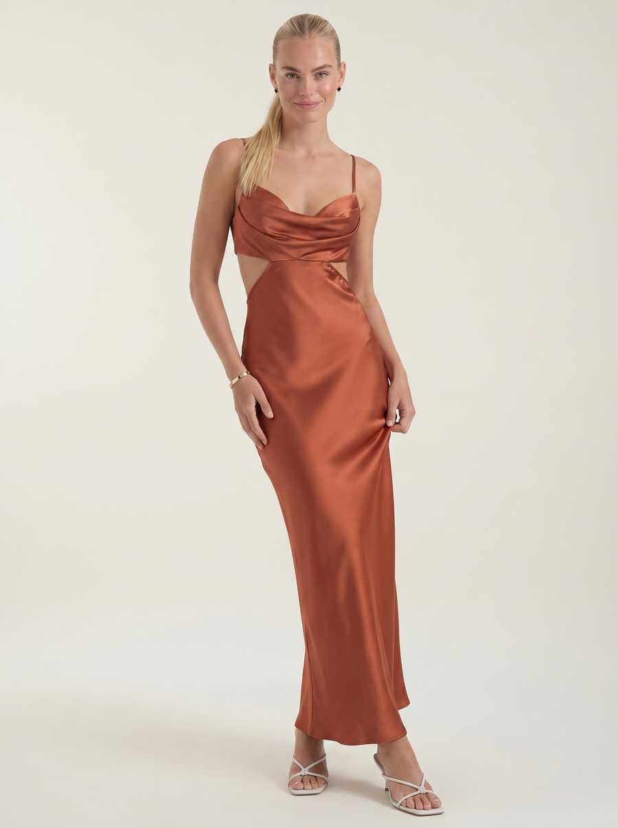 Mira Satin Cut Out Cowl Neck Maxi Dress