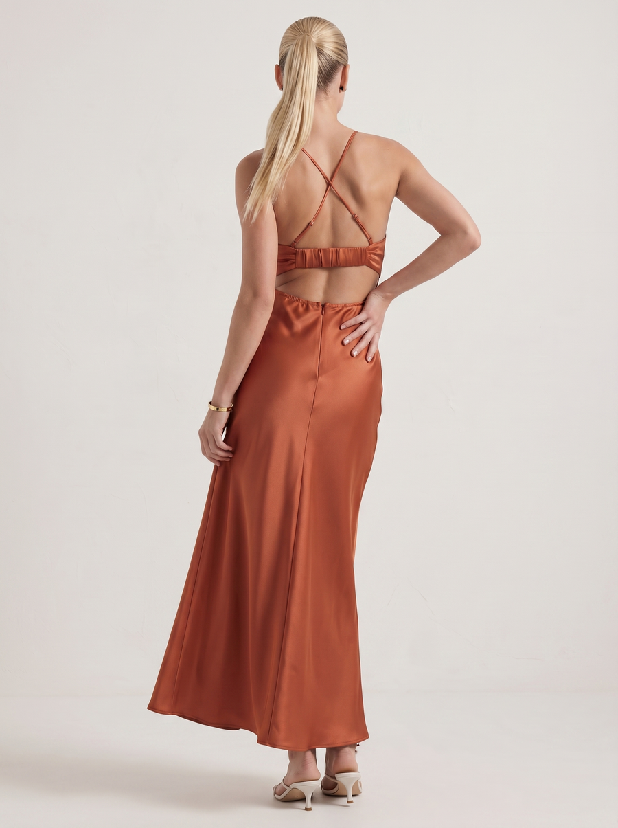 Mira Satin Cut Out Cowl Neck Maxi Dress