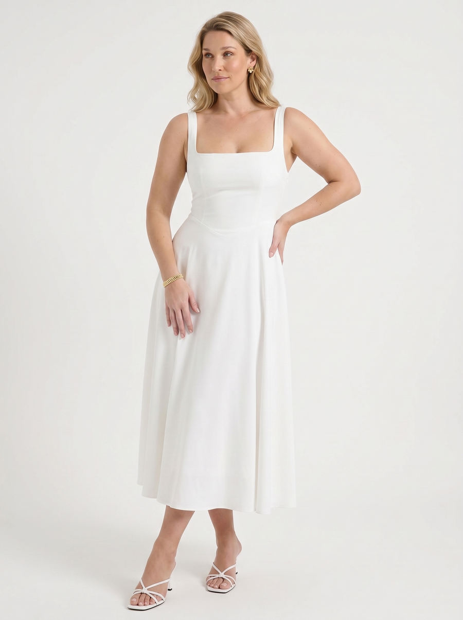 Clarisse Square Neck Swing Skirt Midi Dress