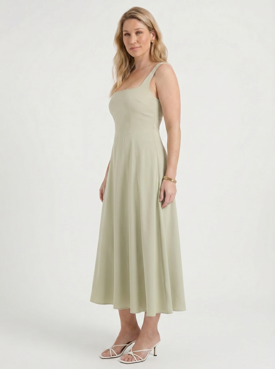 Clarisse Square Neck Swing Skirt Midi Dress