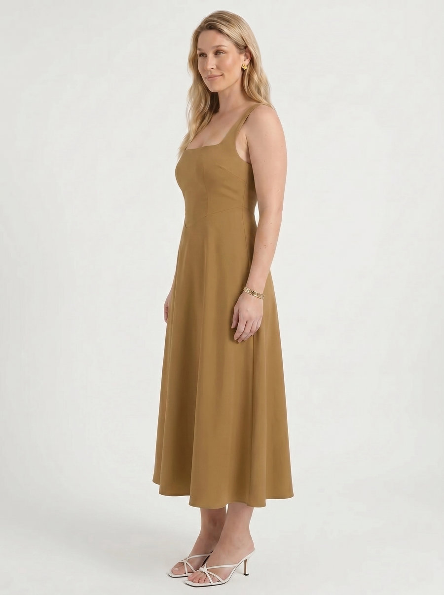 Clarisse Square Neck Swing Skirt Midi Dress