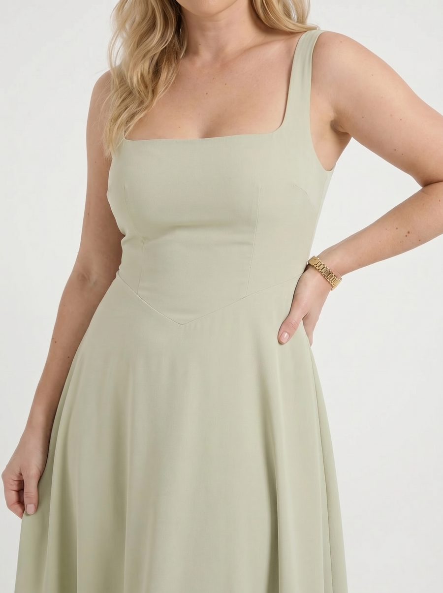 Clarisse Square Neck Swing Skirt Midi Dress
