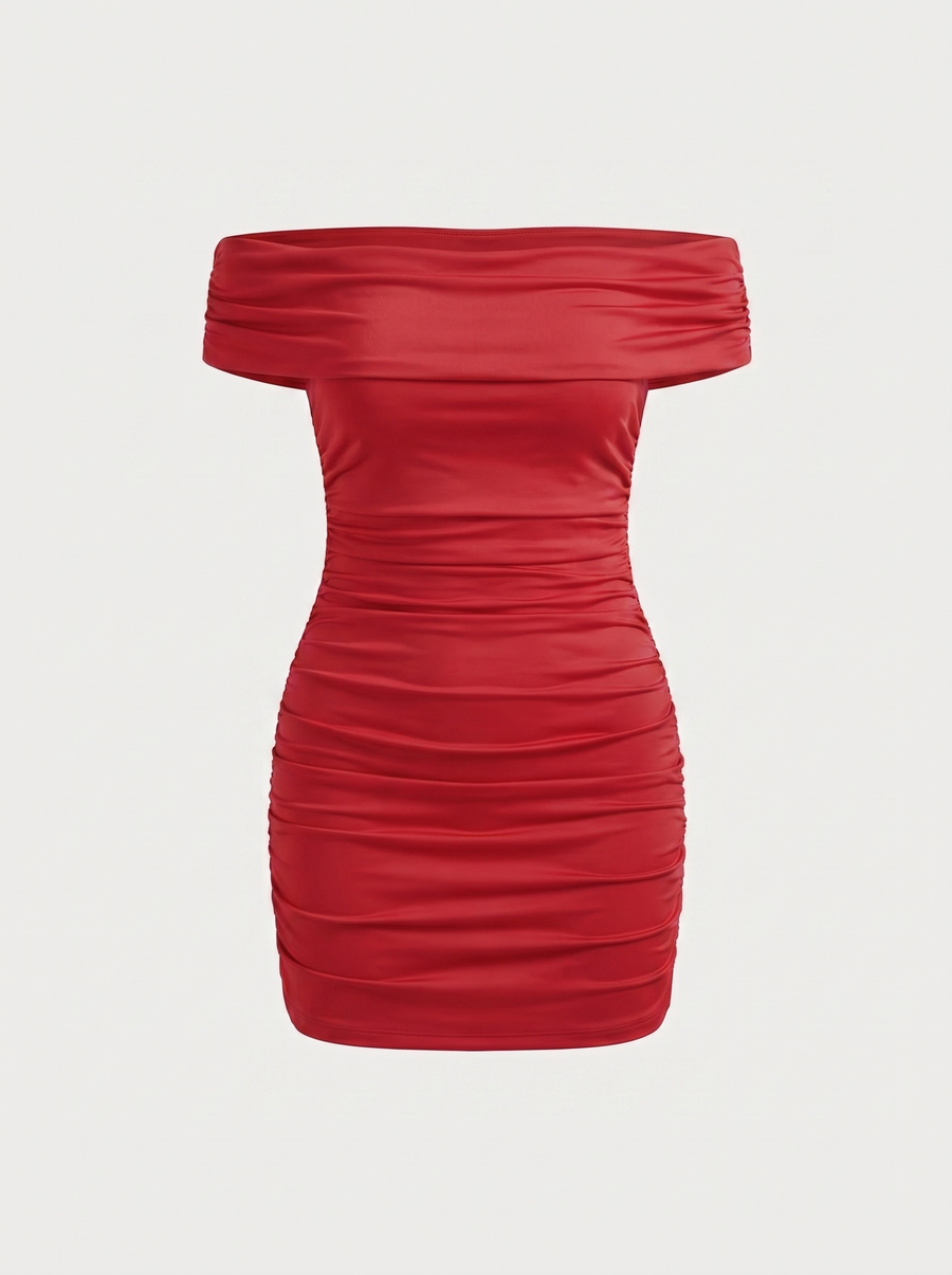 Elora Bardot Ruched Bodycon Mini Dress