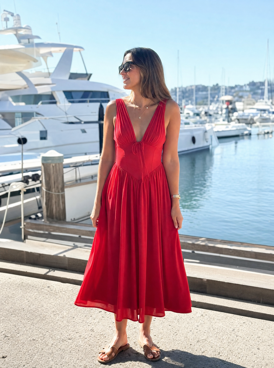 Cassiopeia Corset Style V Neck Midi Sundress