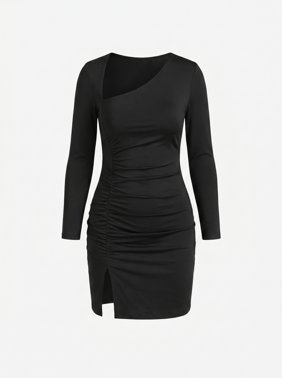 Celina Asymmetric Neck Long Sleeve Mini Dress
