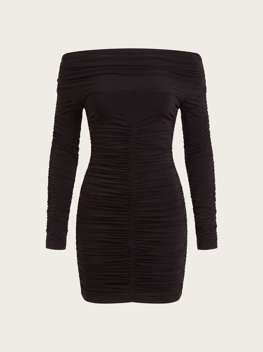 Maribel Bardot Long Sleeve Ruched Mini Dress