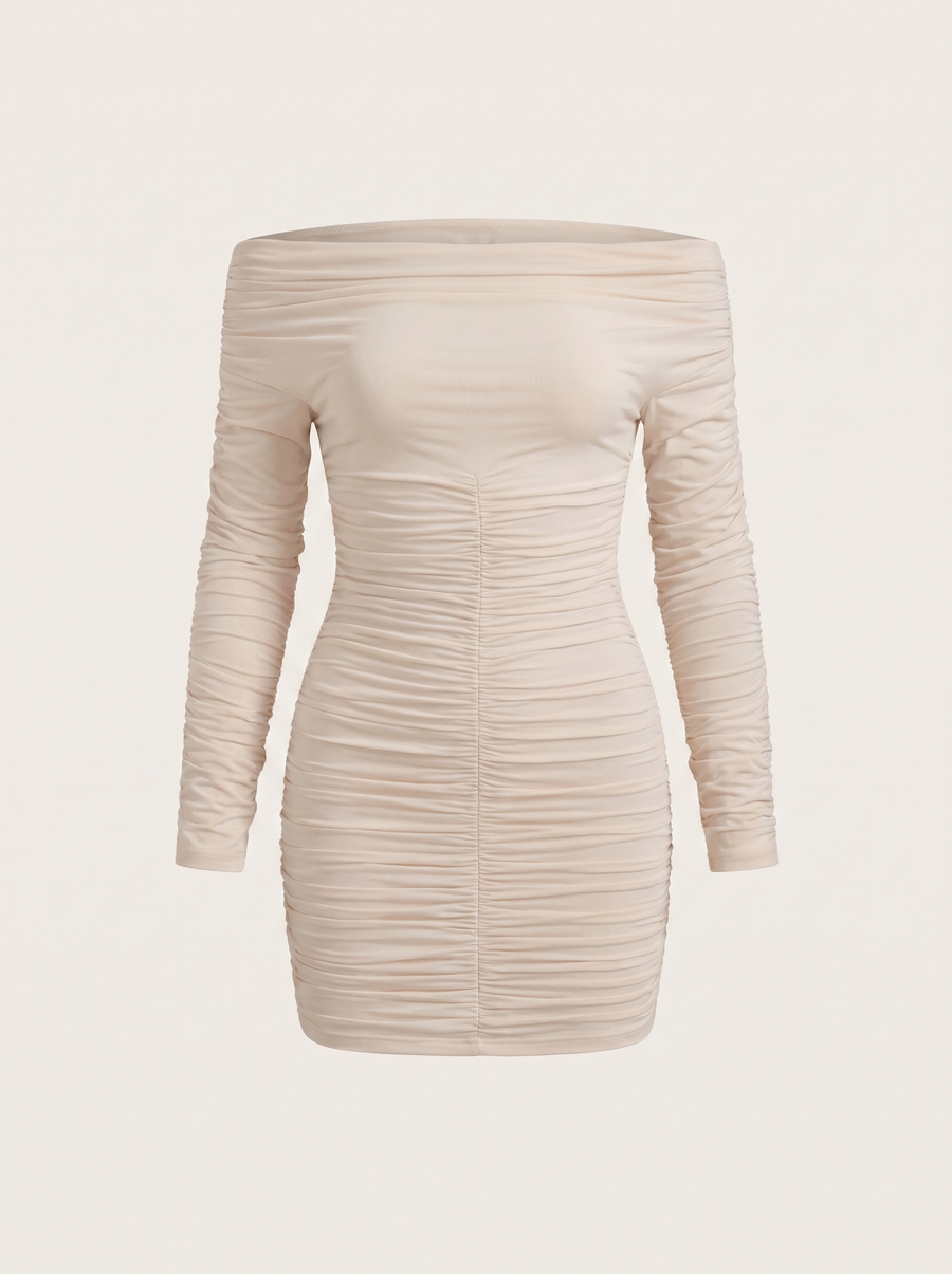 Maribel Bardot Long Sleeve Ruched Mini Dress