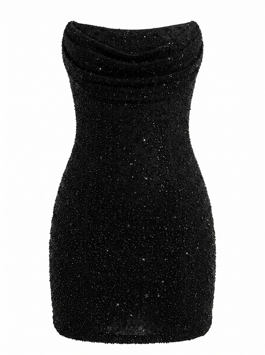 Rosaura Strapless Glitter Draped Mini Dress