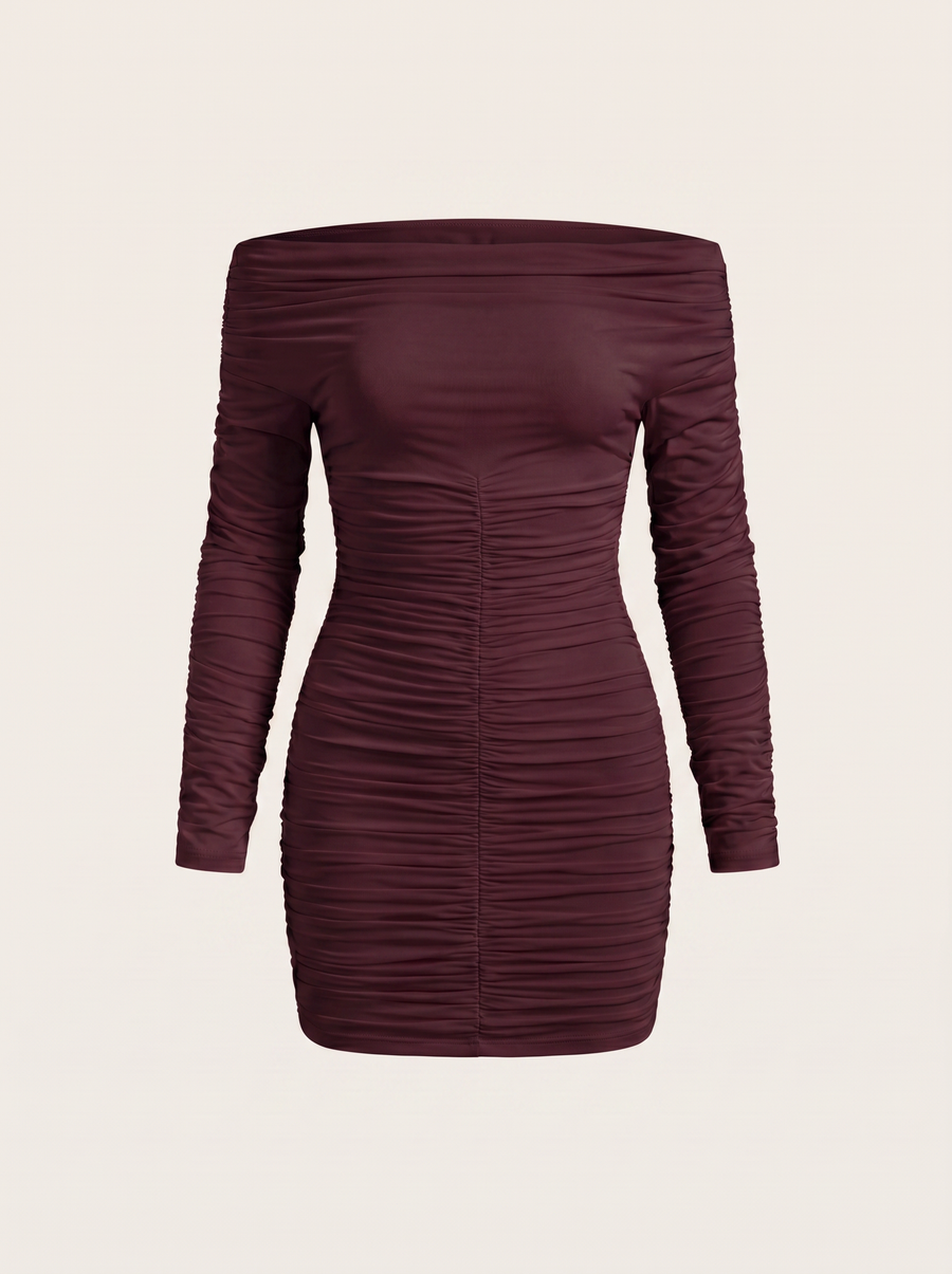 Maribel Bardot Long Sleeve Ruched Mini Dress