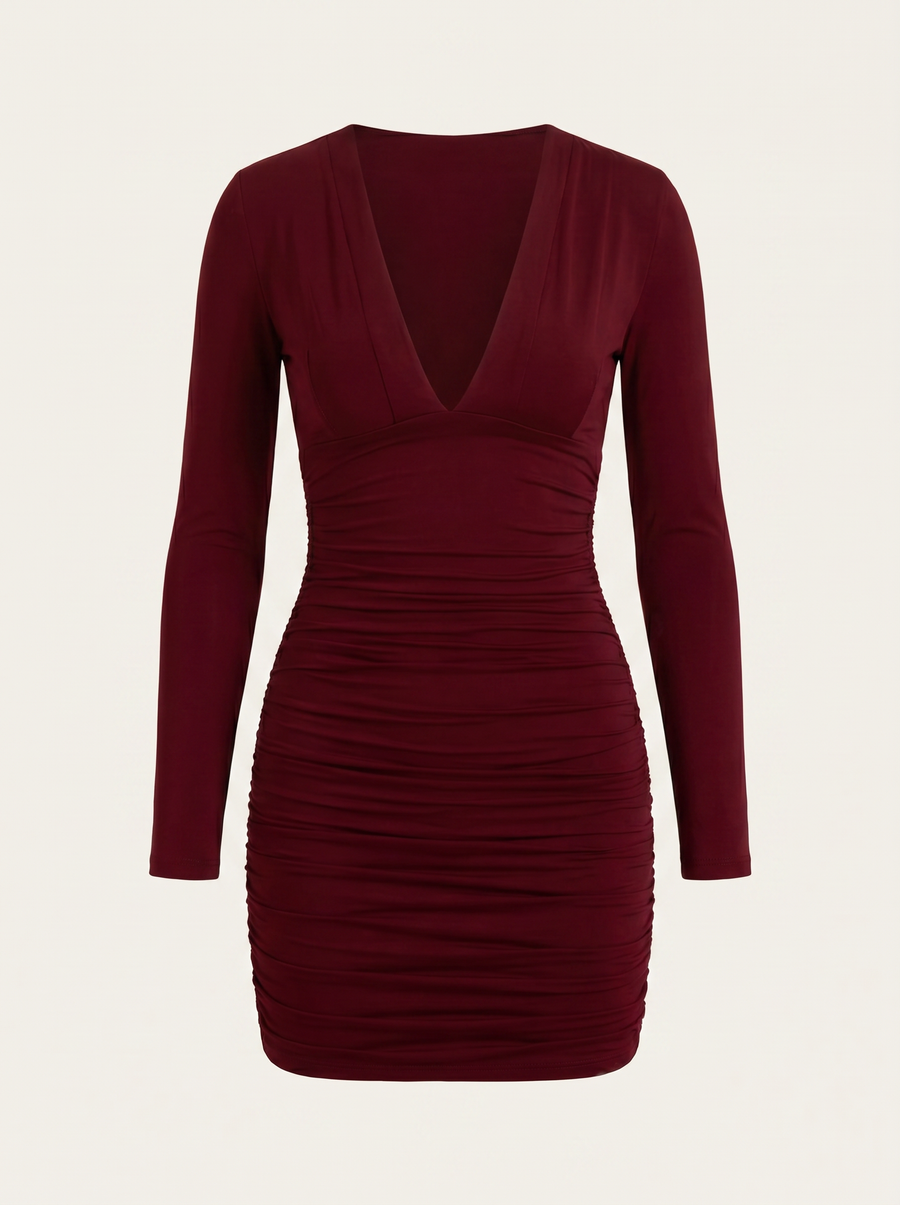 Emilia Long Sleeve V Neck Ruched Mini Dress