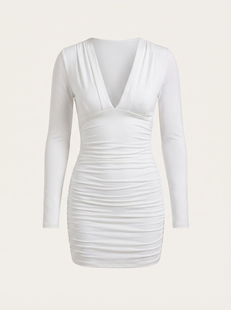 Emilia Long Sleeve V Neck Ruched Mini Dress