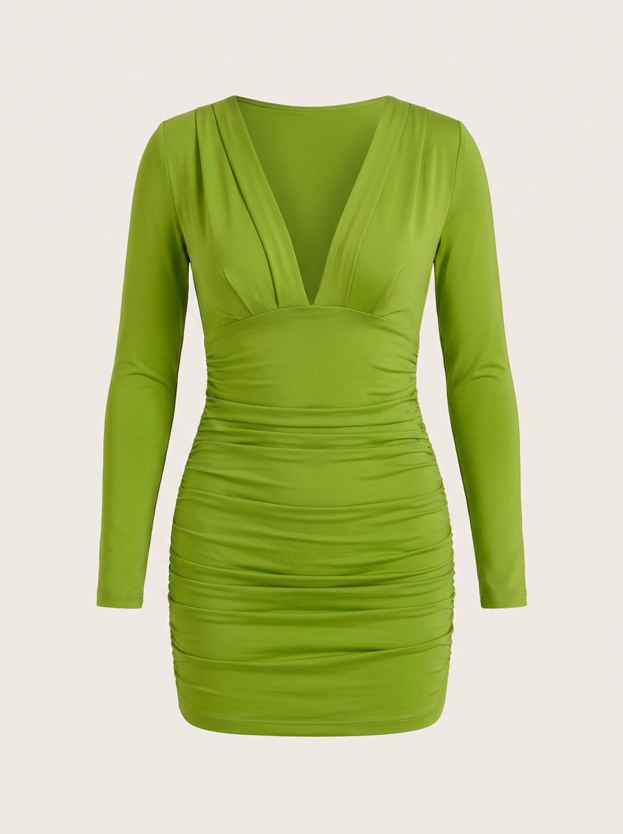 Emilia Long Sleeve V Neck Ruched Mini Dress