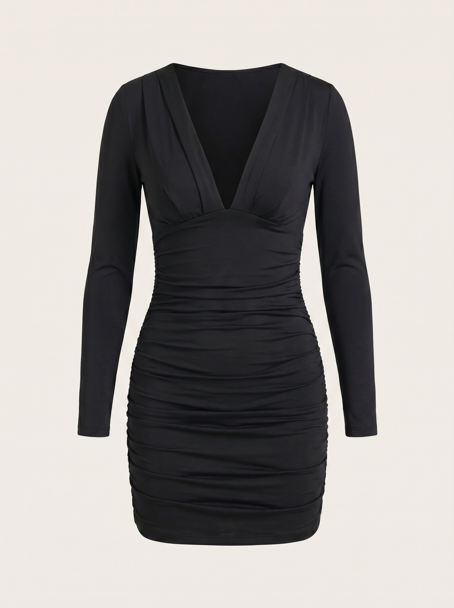 Emilia Long Sleeve V Neck Ruched Mini Dress
