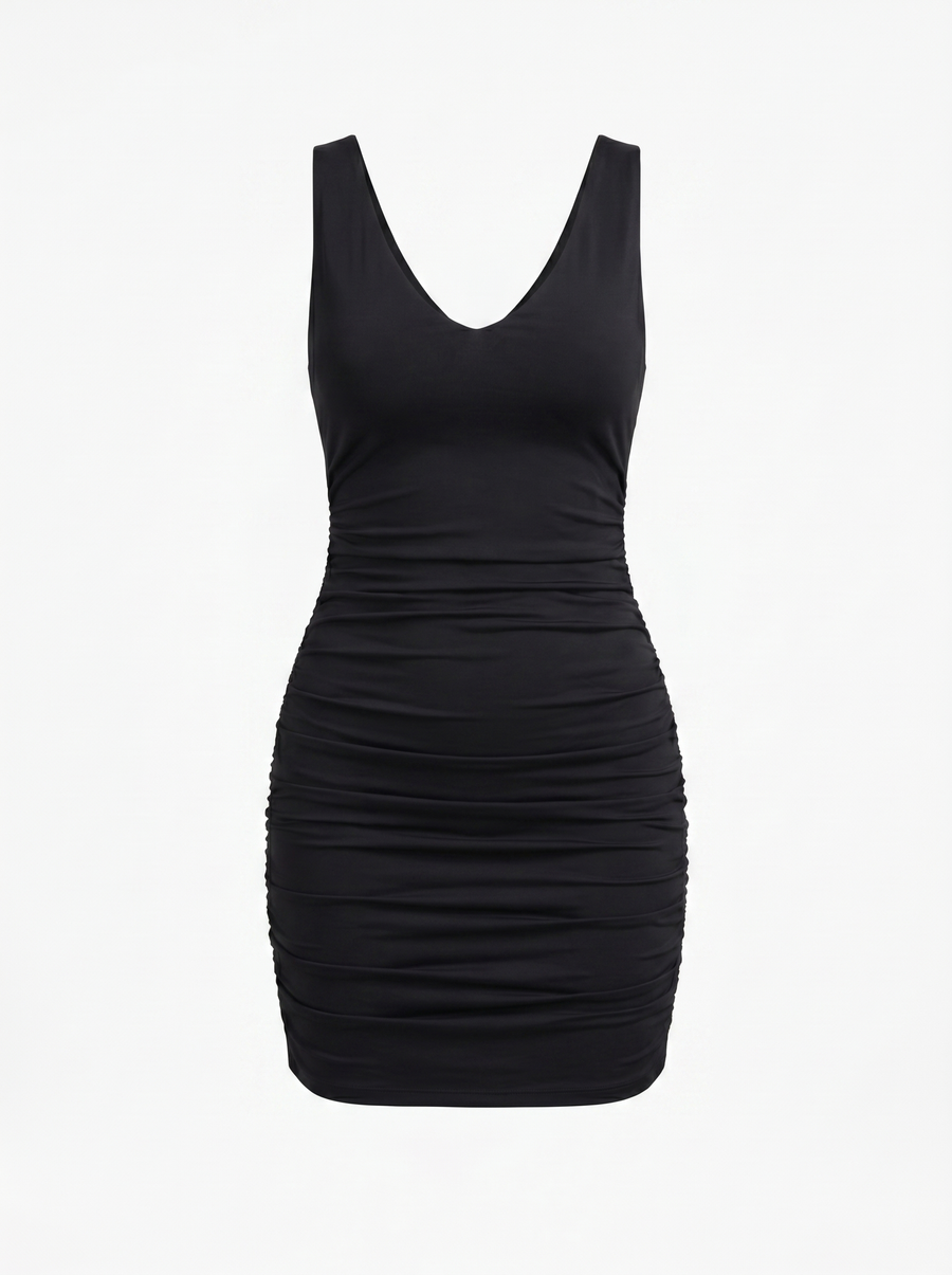 Rosabel Double V Neck Ruched Mini Dress