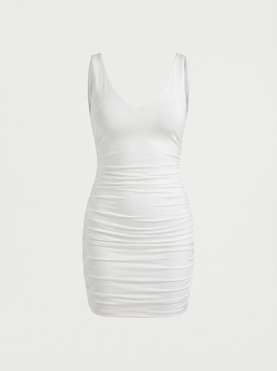 Rosabel Double V Neck Ruched Mini Dress