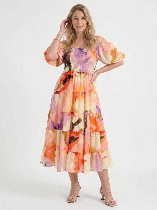 Roxanne Off Shoulder Puff Sleeve Boho Maxi Dress