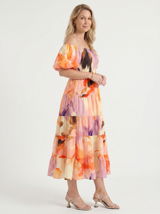 Roxanne Off Shoulder Puff Sleeve Boho Maxi Dress