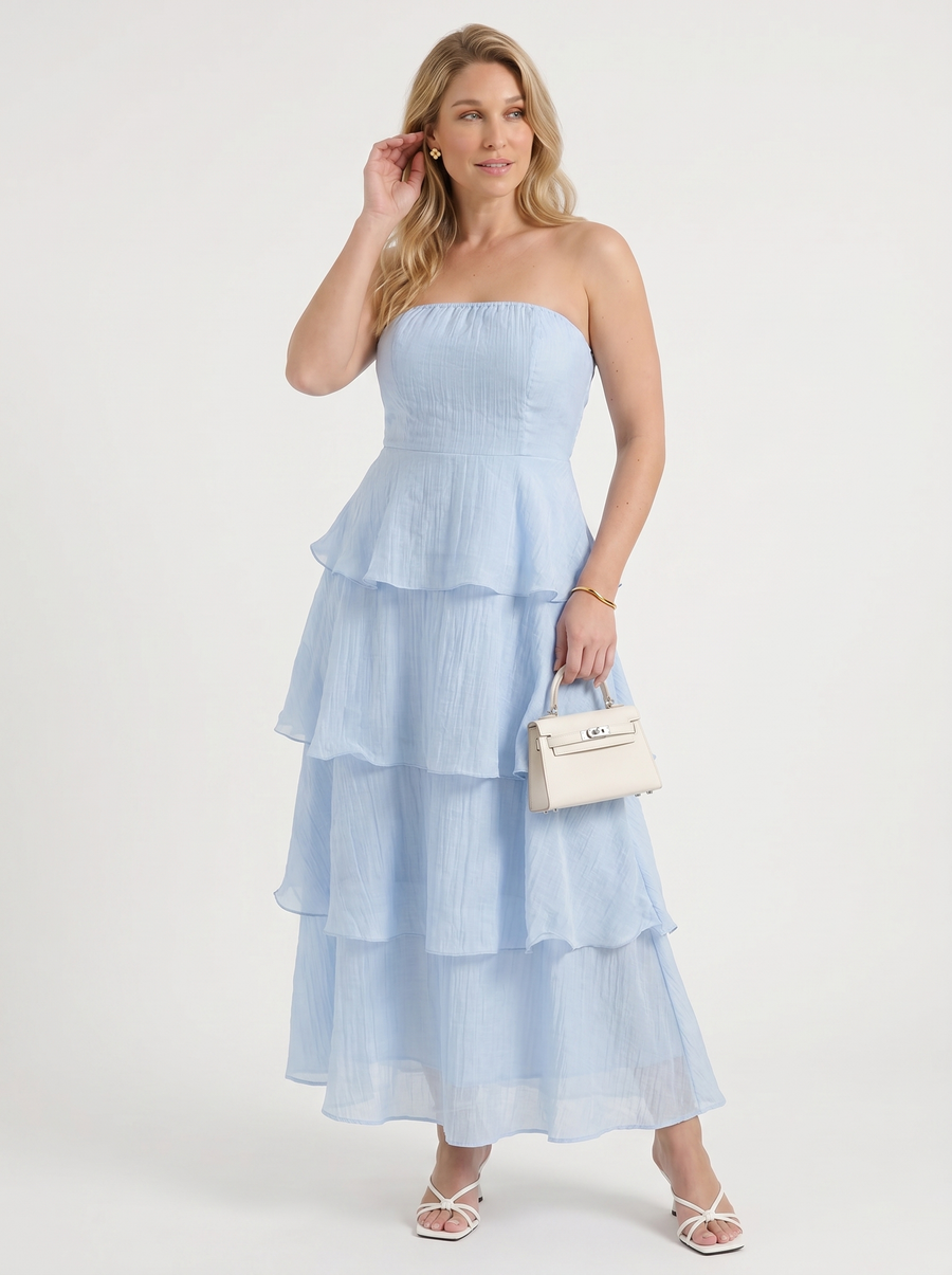 Una Strapless Tiered Ruffle Maxi Dress