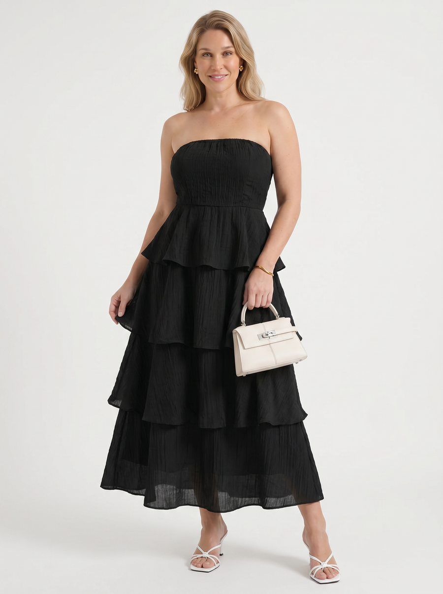 Una Strapless Tiered Ruffle Maxi Dress