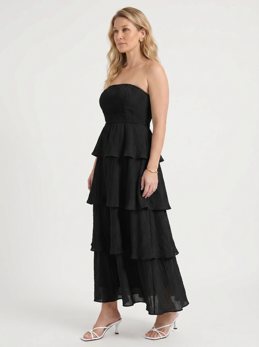 Una Strapless Tiered Ruffle Maxi Dress