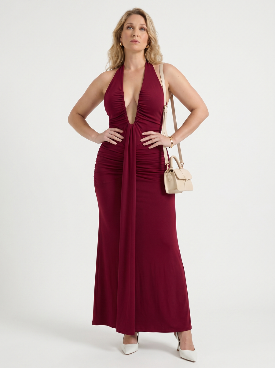 Marietta Plunge Halter Neck Ruched Maxi Dress