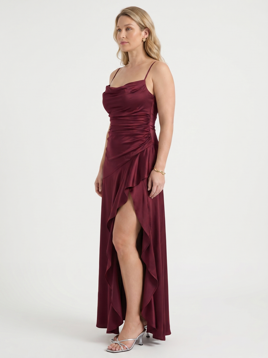 Serenity Satin Ruffle Maxi Dress with Slit