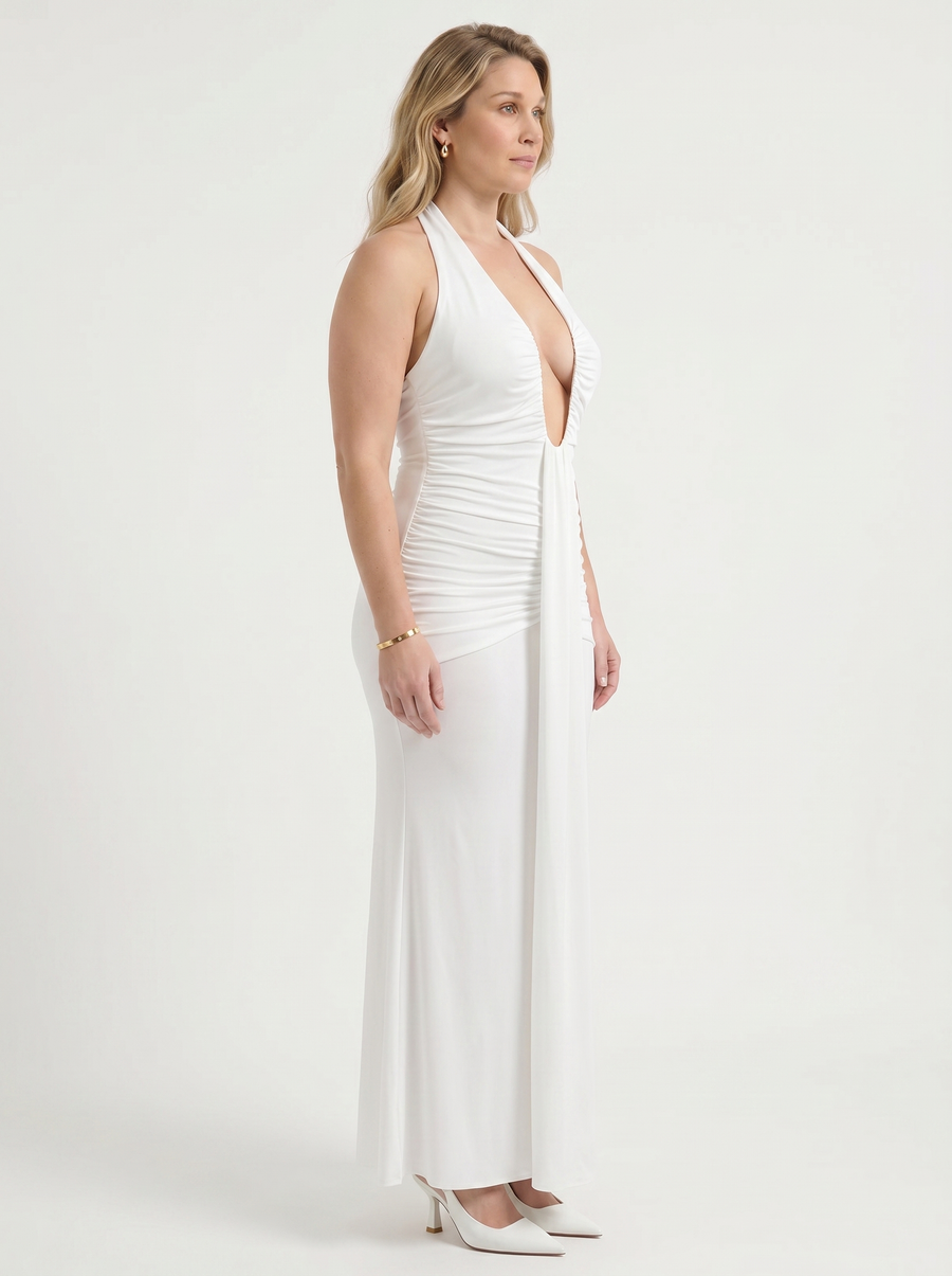 Marietta Plunge Halter Neck Ruched Maxi Dress