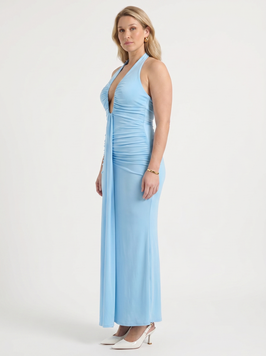 Marietta Plunge Halter Neck Ruched Maxi Dress
