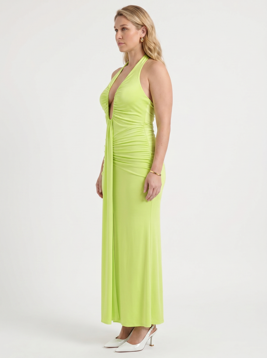 Marietta Plunge Halter Neck Ruched Maxi Dress
