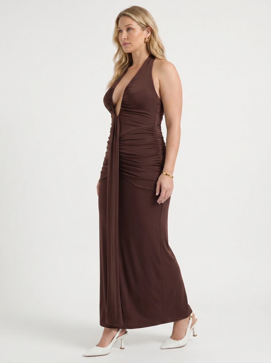 Marietta Plunge Halter Neck Ruched Maxi Dress