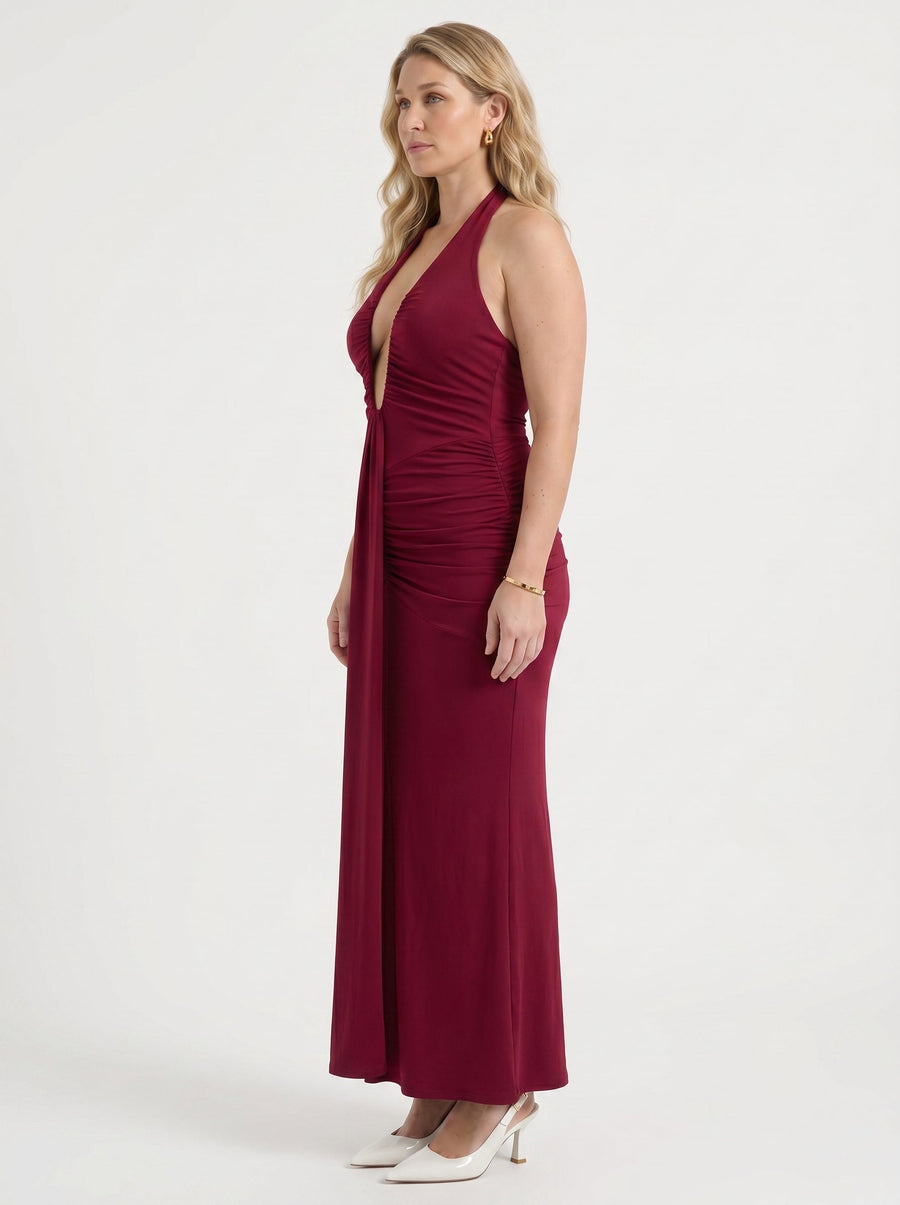 Marietta Plunge Halter Neck Ruched Maxi Dress