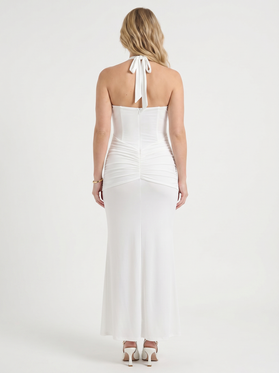 Marietta Plunge Halter Neck Ruched Maxi Dress