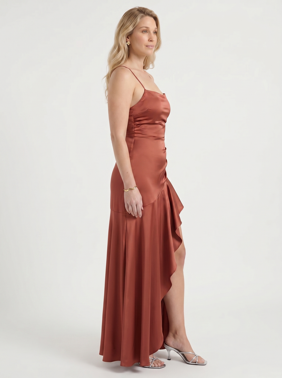 Serenity Satin Ruffle Maxi Dress with Slit