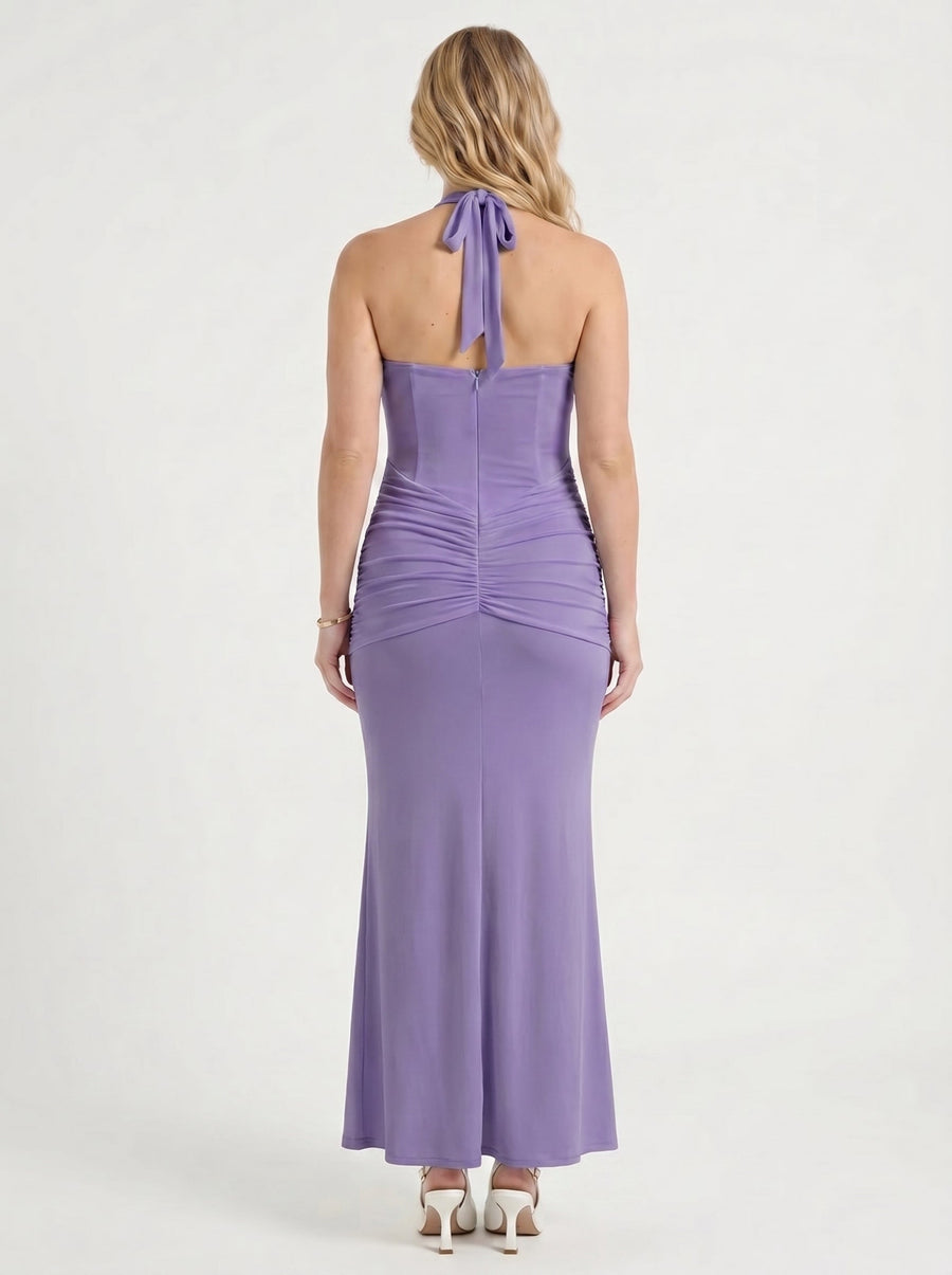 Marietta Plunge Halter Neck Ruched Maxi Dress