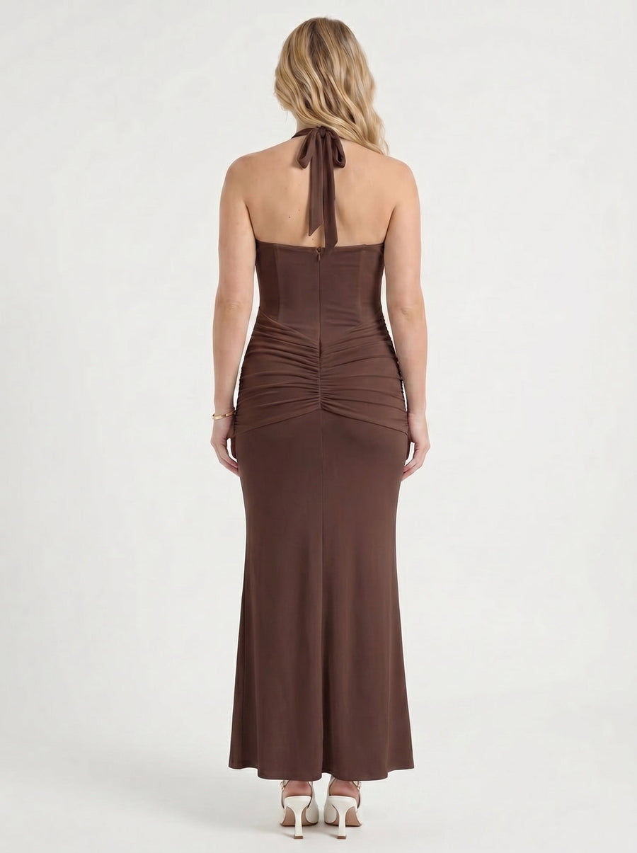 Marietta Plunge Halter Neck Ruched Maxi Dress