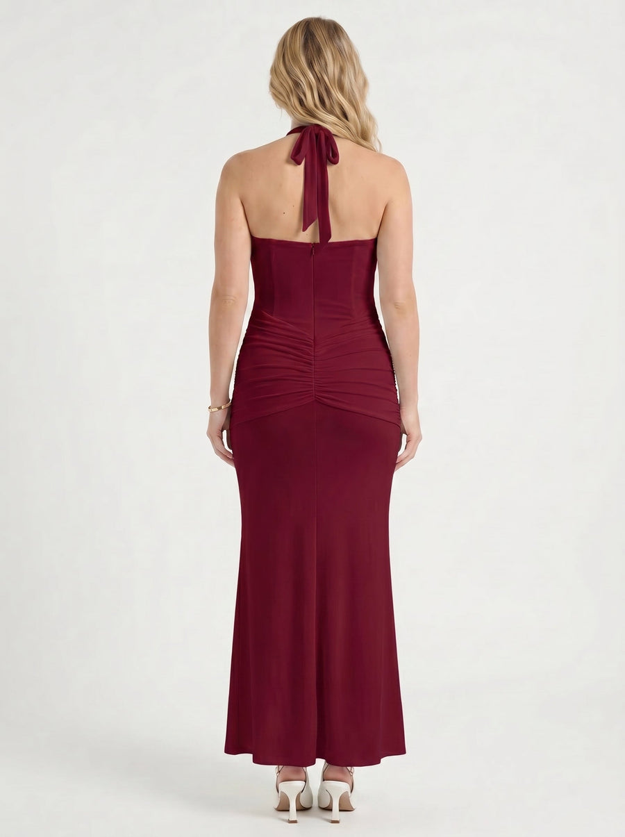 Marietta Plunge Halter Neck Ruched Maxi Dress