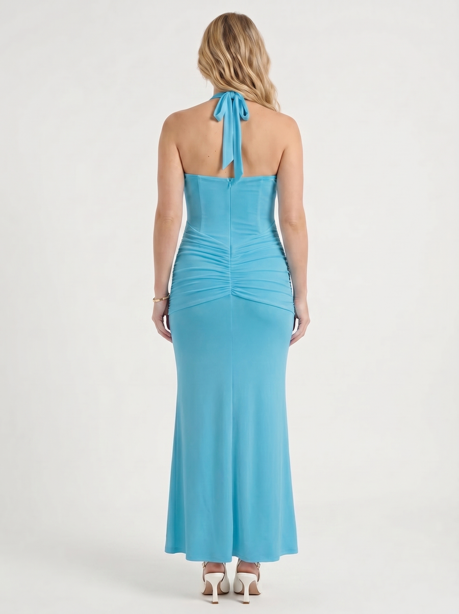 Marietta Plunge Halter Neck Ruched Maxi Dress