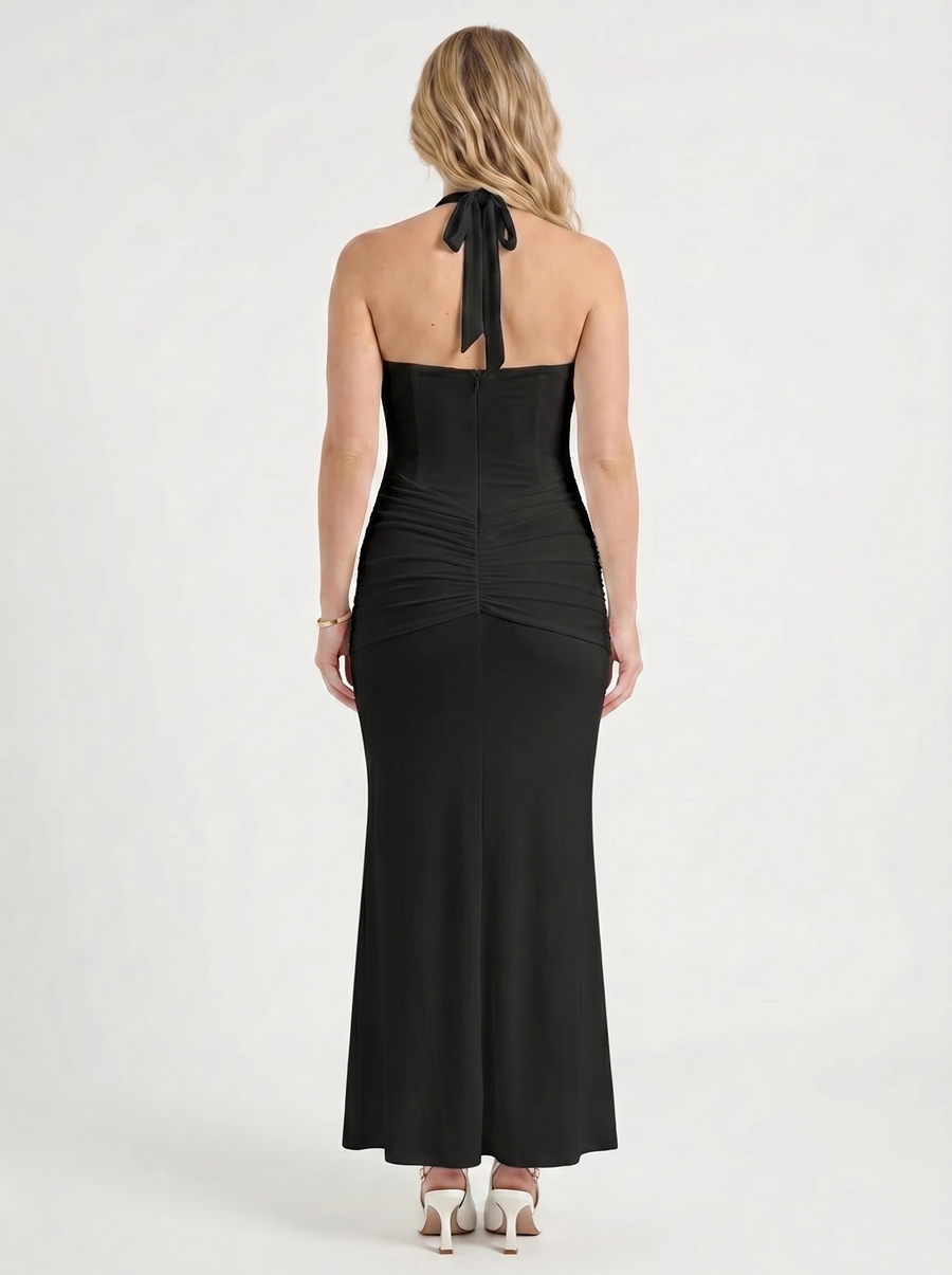 Marietta Plunge Halter Neck Ruched Maxi Dress