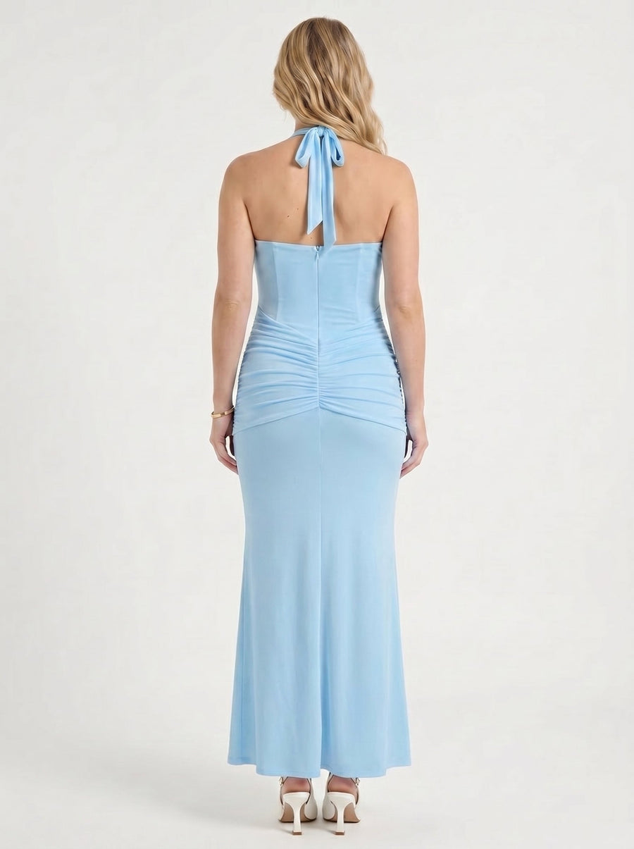 Marietta Plunge Halter Neck Ruched Maxi Dress