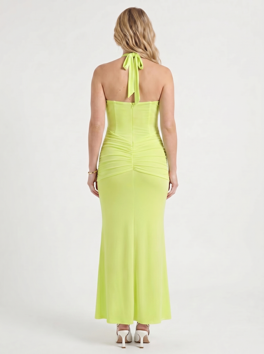 Marietta Plunge Halter Neck Ruched Maxi Dress